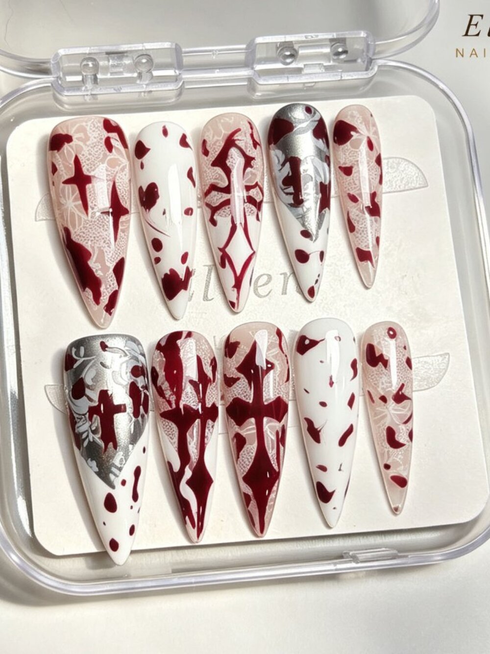 Gothic Cross Style Red and White Lace Stiletto Handmade Press On Nails Art Set